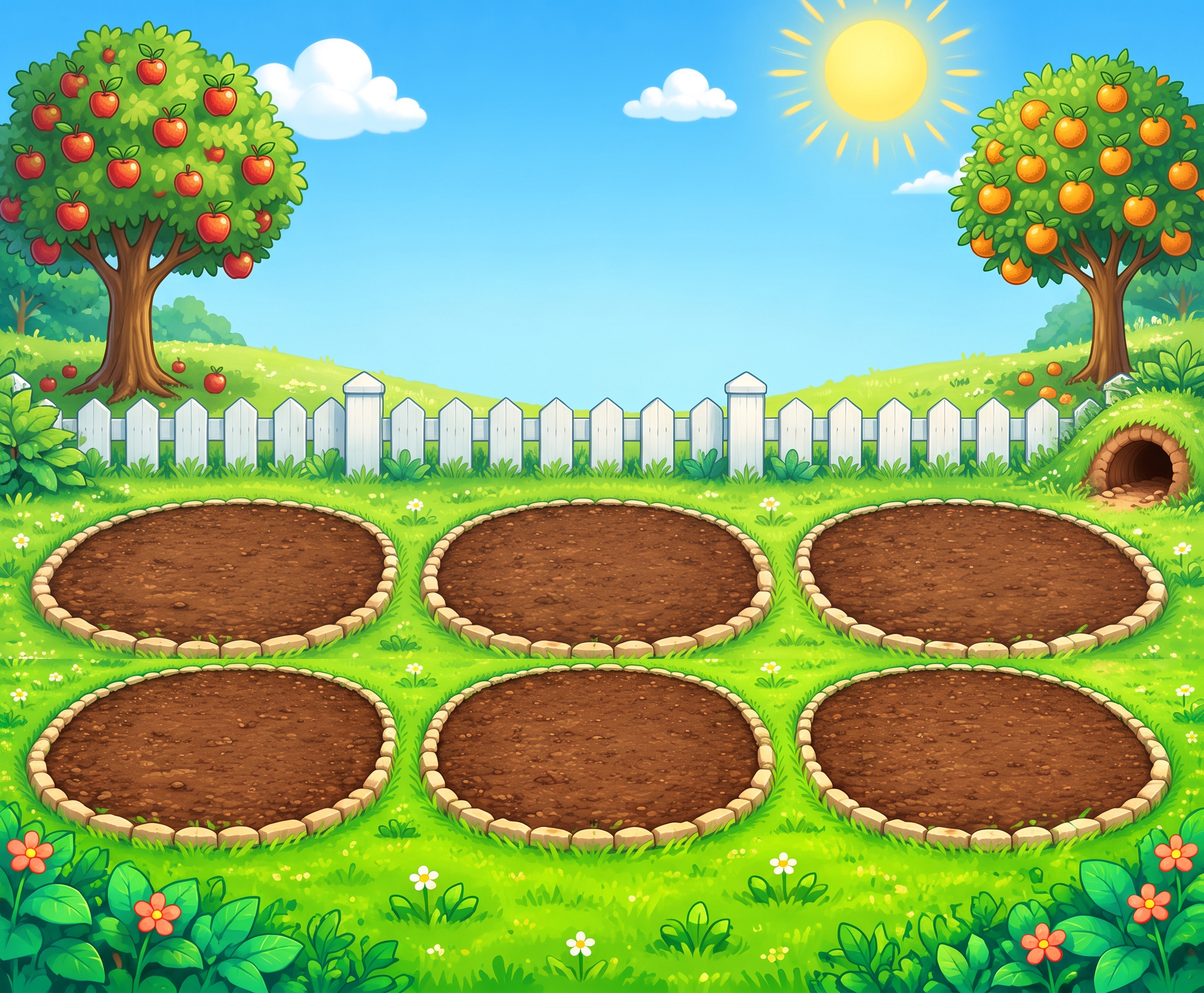 Sightseed's sunny two-row garden with flower and vegetable beds, fruit trees, and a white fence
